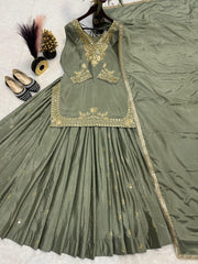 Awesome Embroidered Mehndi Color Top With Lehenga Choli