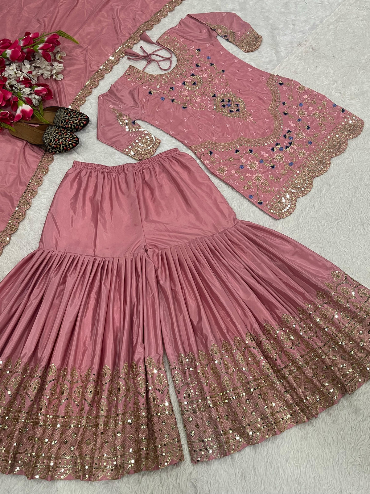 Stylish Heavy Work Pink Color Sharara Suit