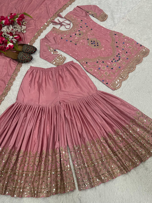 Stylish Heavy Work Pink Color Sharara Suit