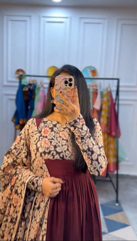 Ravishing Peach Rayon Cotton Kalamkari Print Gown