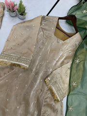 Blissful Embroidery Work Beige Color Salwar Suit With Green Dupatta
