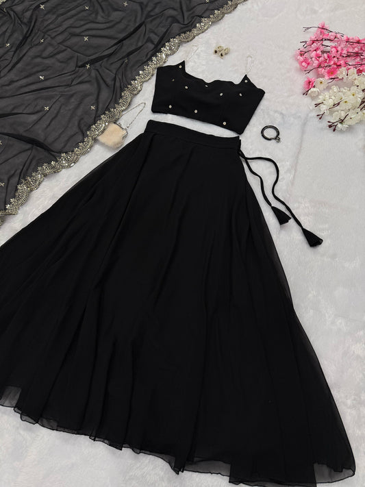 Black Color Pearl Embellished Lehenga Set