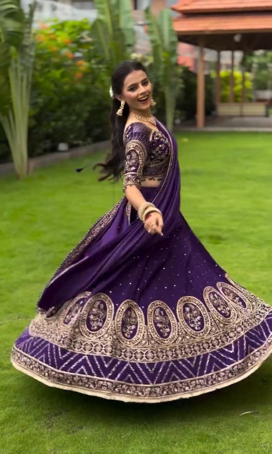 Glorious Purple Vichitra Silk Embroidery Lehenga Choli