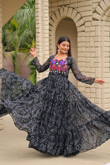 Ravishing Black Georgette Embroidery Work Gown For Navratri Wear