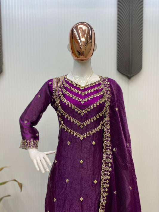 Function Wear Embroidery Work Wine Color Palazzo Suit