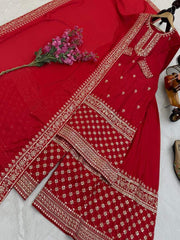 Ravishing Red Chinon Silk Embroidery Sharara Suit