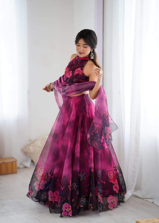 Glorious Pink Color Digital Printed Organza Lehenga