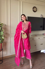 Pink Color Embroidery Work Stylish Straight Suit Set