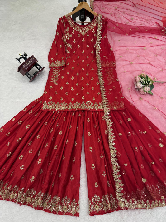 Designer Red Chinon Silk Sequence Work Sharara Suit