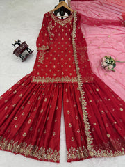 Designer Red Chinon Silk Sequence Work Sharara Suit