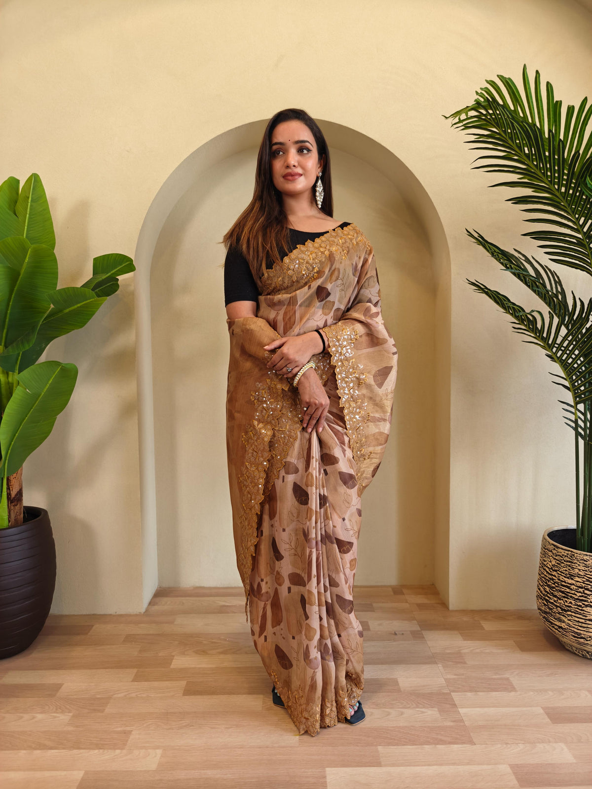 Classic Brown Color Digital Print Organza Saree