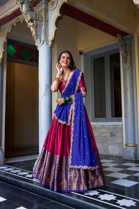 Wonderful Zari Weaving Work Pink & Blue Color Lehenga Choli