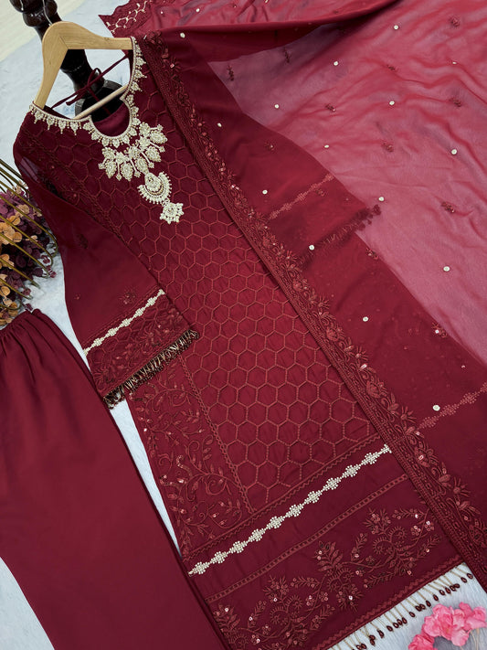 Fantastic Embroidery Sequence Work Maroon Color Plazzo Suit