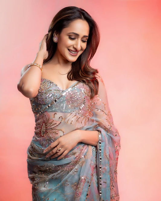 Mirror Work Sky Blue Color Printed Party Wear Saree