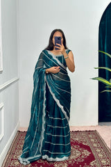 Peaceful Embroidery Zari Work Teal Blue Color Saree
