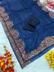 Beautiful Lace Border Organza Silk Navy Blue Color Saree