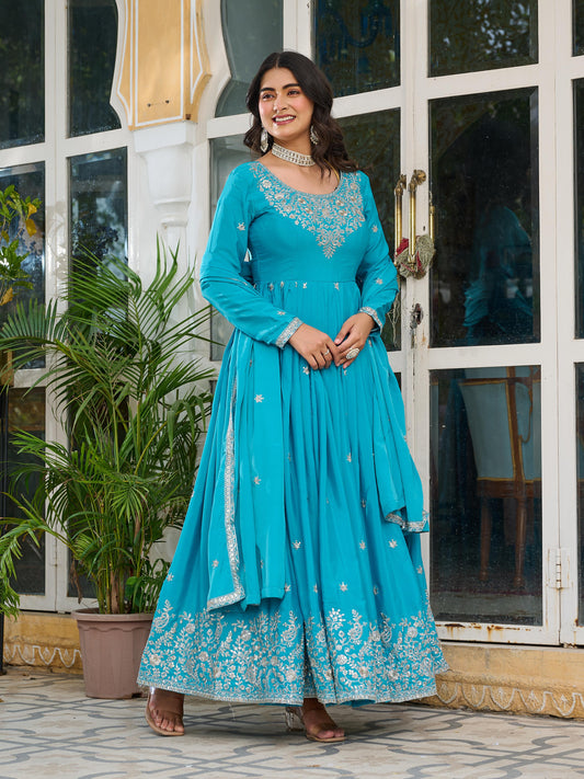 Flattering  Sequence Work Sky Blue Color Gown