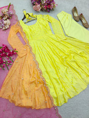 Designer Lemon Color Chinon Silk Work Gown