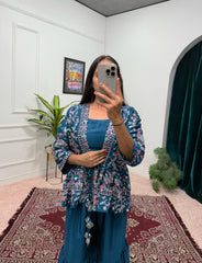 Function Wear Chinon Silk Teal Blue Color Sharara Suit