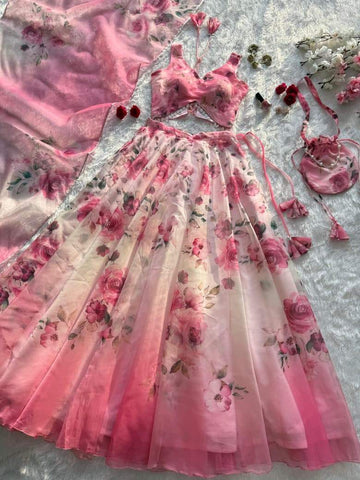 Glorious Pink Organza Digital Printed Lehenga Choli