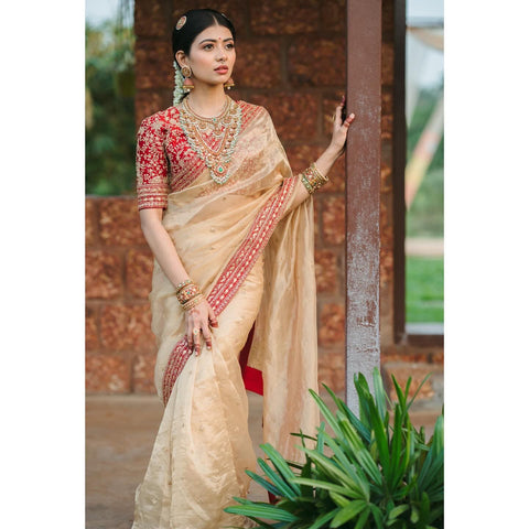 Beautiful Embroidery Work Cream Color designer Saree