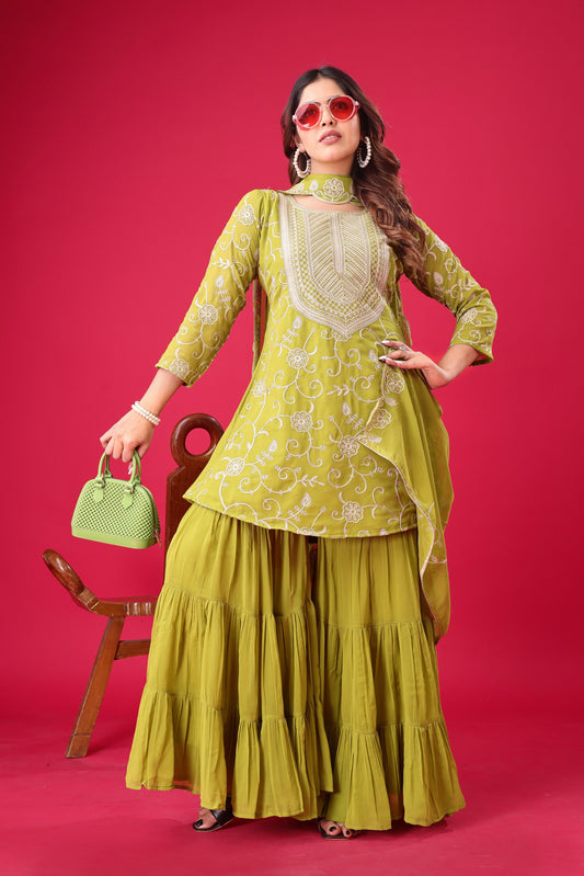 Captivating Georgette Embroidery Work Perrot Color Sharara Suit