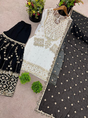 Exclusive Heavy Work White Color Suit Black Sharara