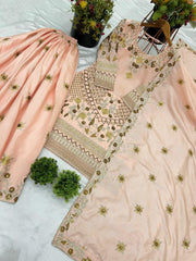 Fantastic Embroidery Work Peach Color Sharara Suit