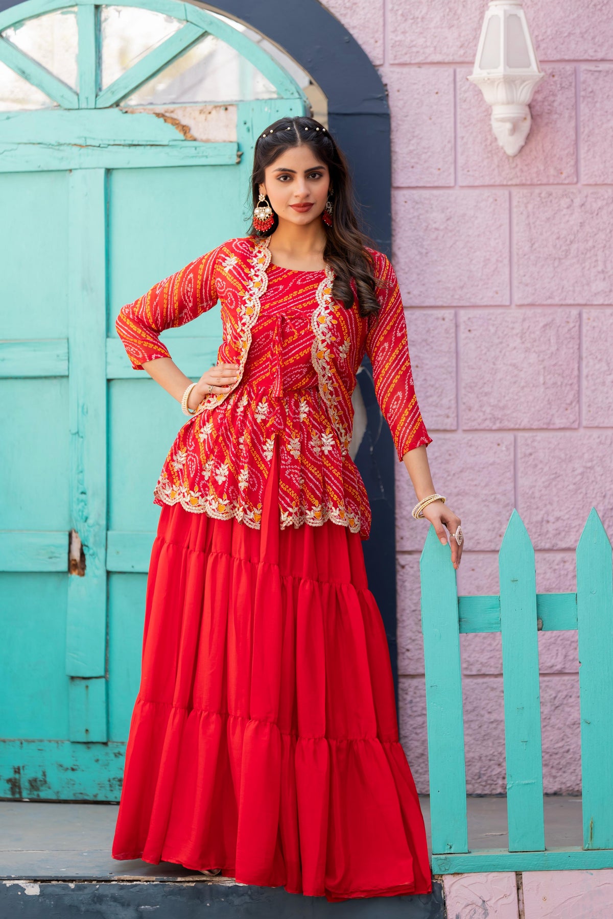 Function Wear Bandhej Red Color Top With Lehenga With Koti
