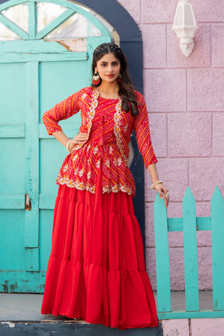 Function Wear Bandhej Red Color Top With Lehenga With Koti