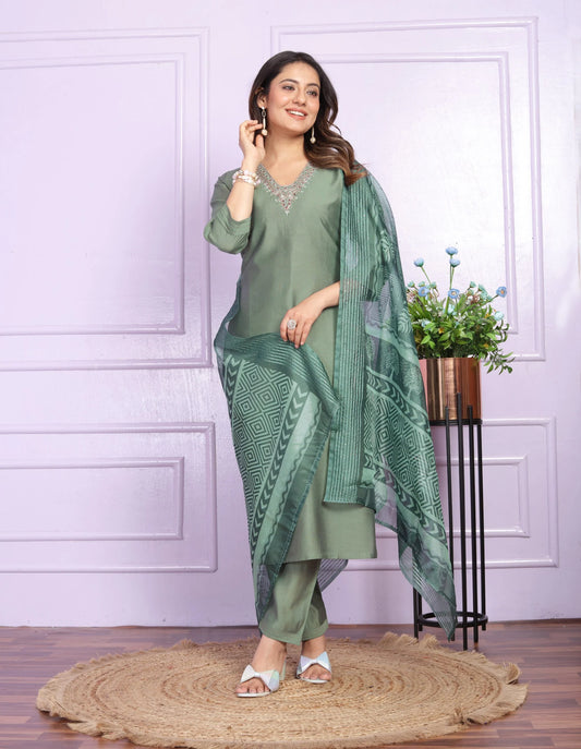 Attractive V Neck Straight Green Color Kurti Pair With Dupatta