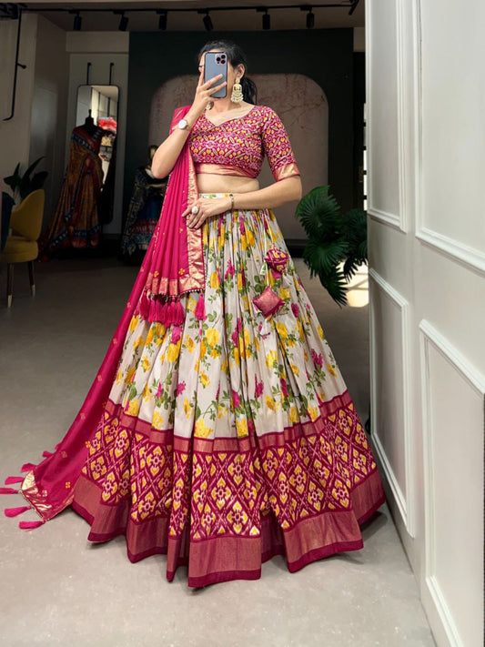 Mesmerizing Floral And Patola Print With Foil Work Pink Color Lehenga Choli