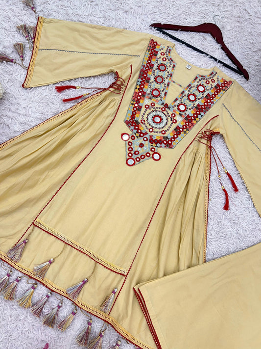 Exclusive Yellow Khadi Cotton Embroidery Work Co-ord Set