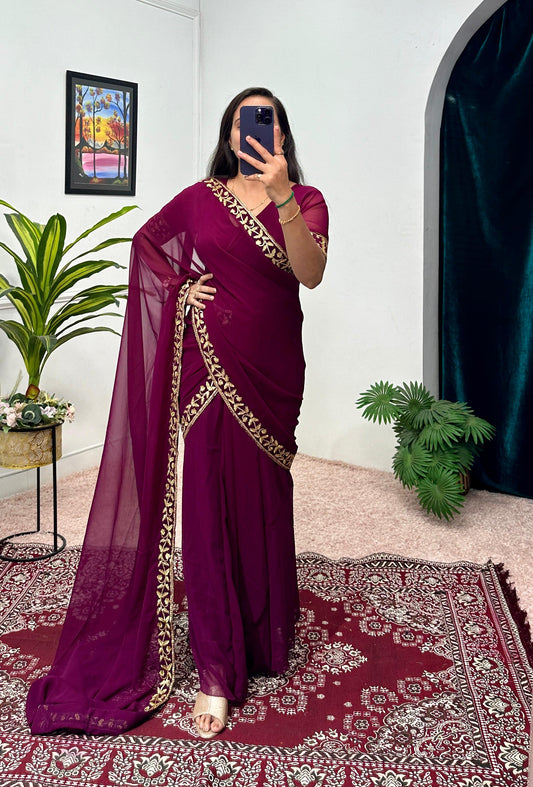Captivating Embroidery Work Wine Color Saree Gown