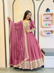 Designer Sequence Work Long Pink Gown WIth Dupatta