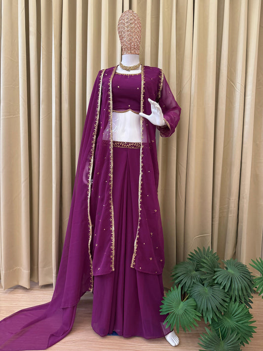 Lovely Purple Georgette Embroidery Koti With Lehenga Set
