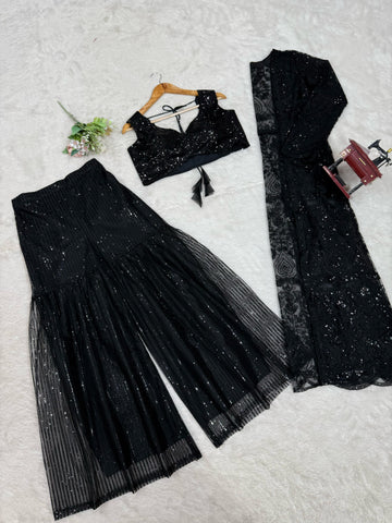 Party Wear Butterfly Net Black Color Palazzo Choli With Shrug