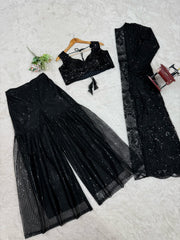 Party Wear Butterfly Net Black Color Palazzo Choli With Shrug