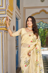 Cream Color Lovely Embroidered Work Saree