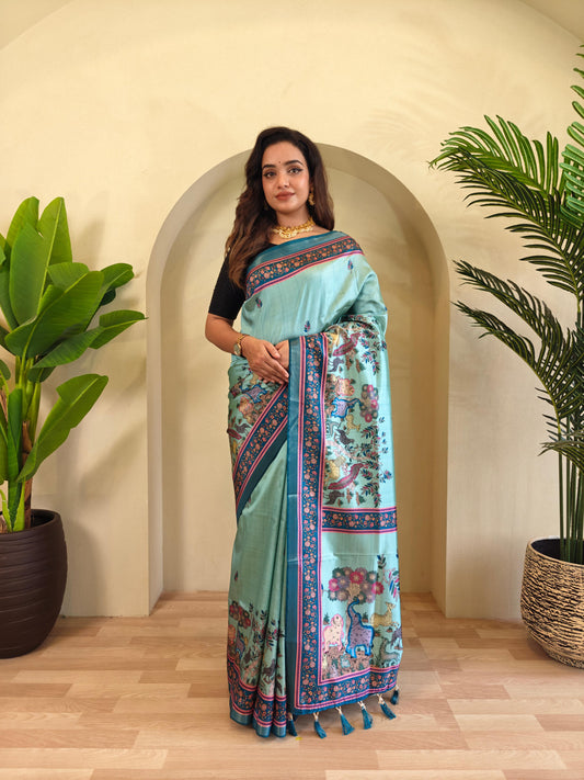 Blissful Digital Print Teal Blue Saree