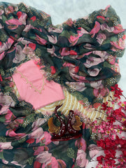 Floral Print Teal Green Color Silk Saree