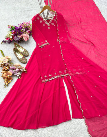 Captivating Pink Color Embroidered Sharara Suit
