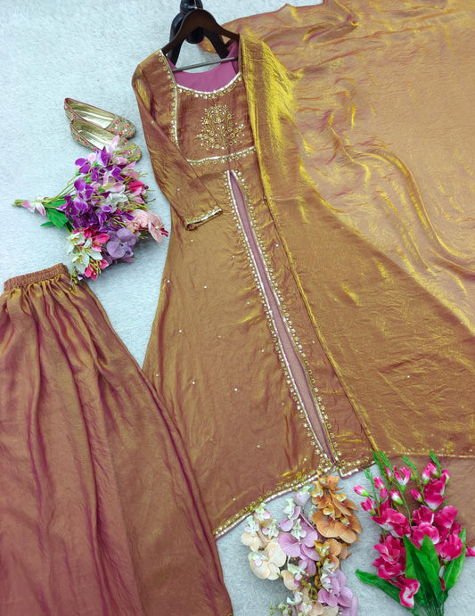 Alluring Brown Fendi Silk Work Sharara Suit