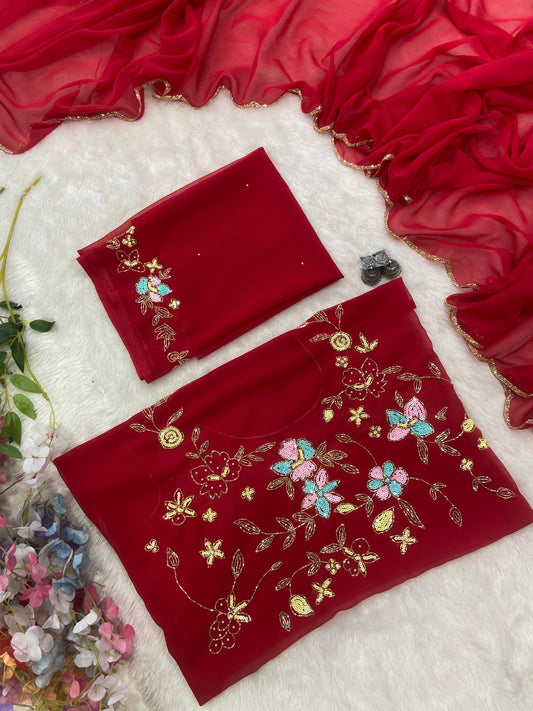 Delightful Georgette Hand Work Red Color Saree