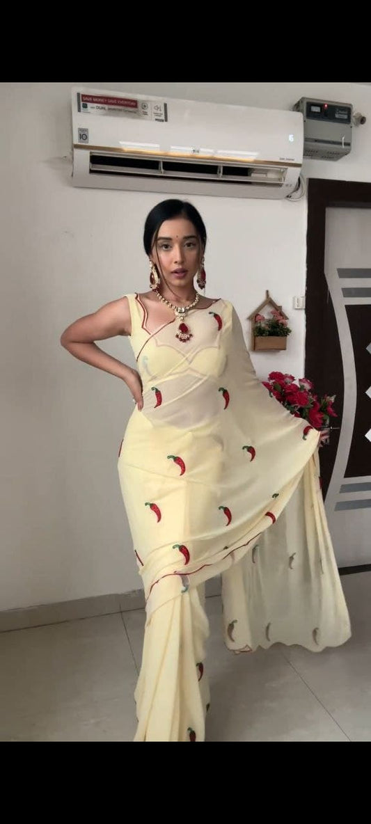 Stunning Embroidery Work Cream Color Ready To Wear Saree