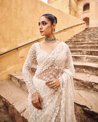 Classy Embroidery Work White Color Designer Saree