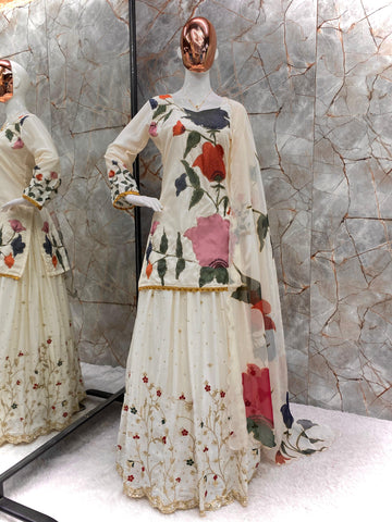 Captivating Chinon Embroidery Work Beige Color Gharara Suit