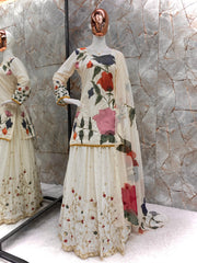 Captivating Chinon Embroidery Work Beige Color Gharara Suit