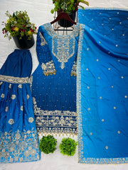 Flattering Chinnon Silk Blue Color Embroidery Work Sharara Suit