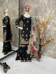 Adorable Embroidery Work Black Color Sharara Suit